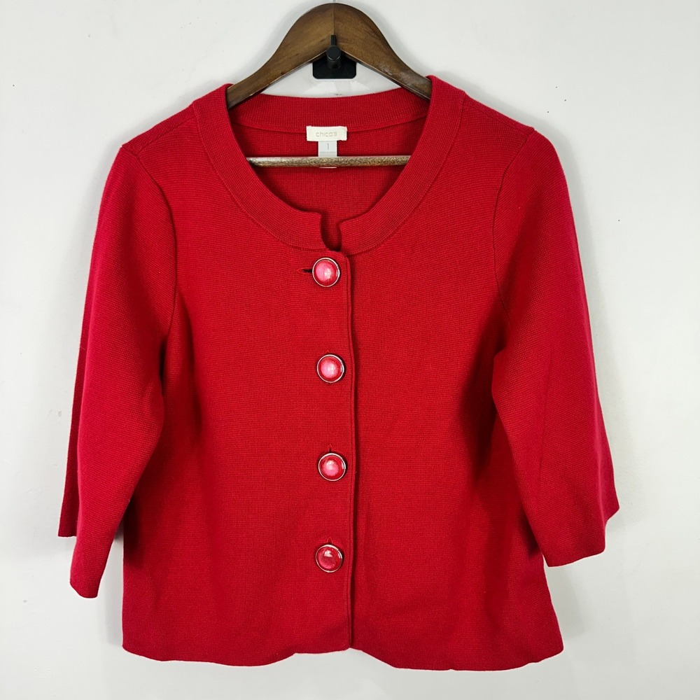 Chico’s Red Knit Cardigan Womens M‎ Cozy Casual Holiday